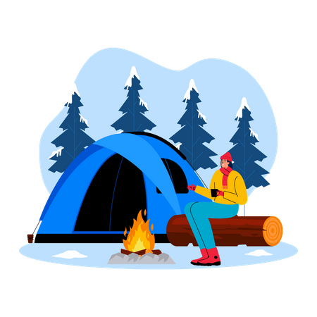 Girl enjoying winter camping  Illustration