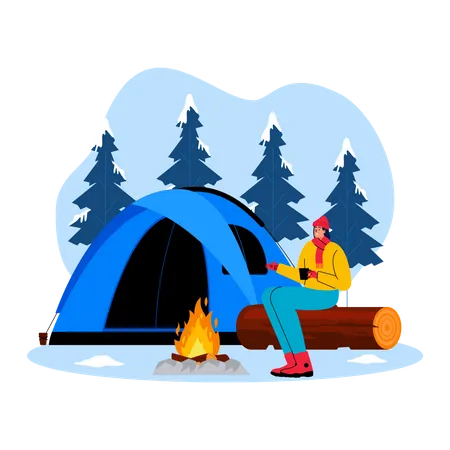 Girl enjoying winter camping  Illustration