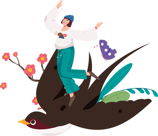 Girl enjoying with bird  Illustration