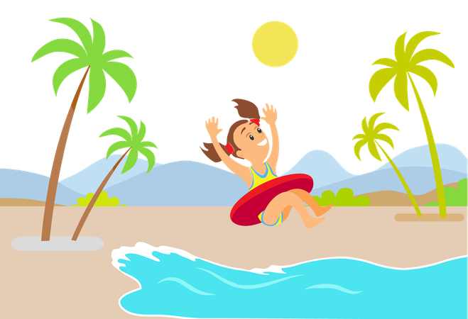 Girl enjoys her swimming in ocean  Illustration