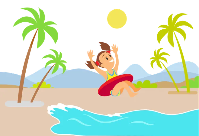 Girl enjoys her swimming in ocean  Illustration