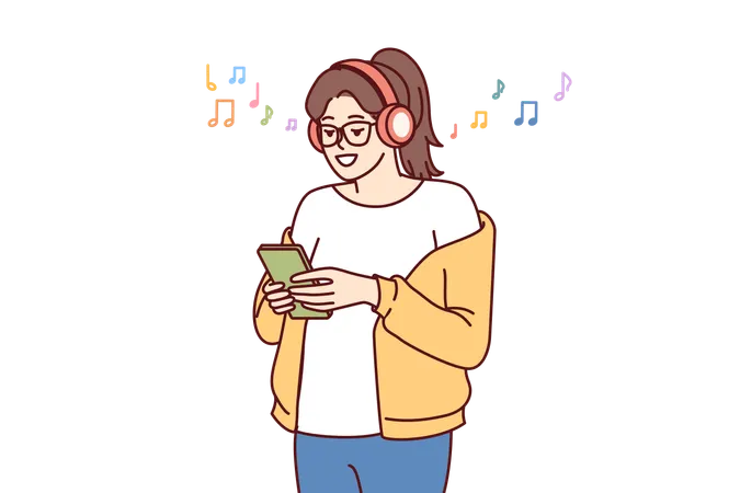 Teenage Girl Listens Music On Headphones And Holds Phone With Application To Select Track From Playlist Young Woman Meloman Uses Wireless Headphones And Smartphone To Search For Favorite Music Illustration