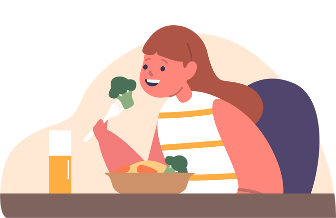 Girl Enjoys Nutritious Dinner  Illustration