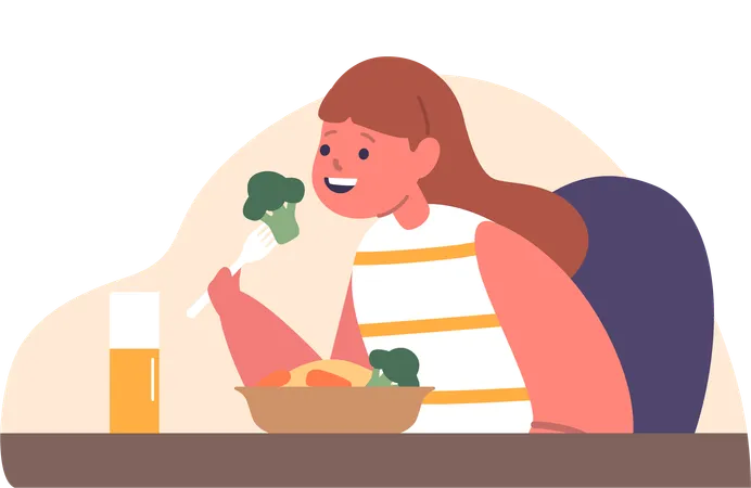 Girl Enjoys Nutritious Dinner  Illustration