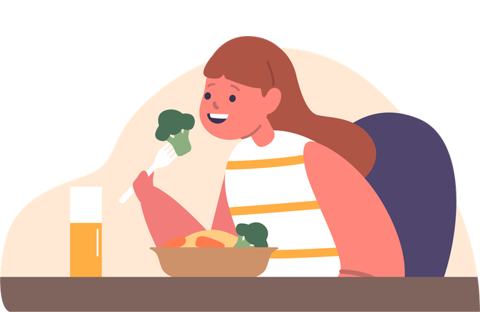 Girl Enjoys Nutritious Dinner  イラスト