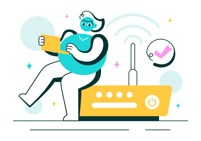 WiFi 비밀번호를 입력하는 소녀  일러스트레이션