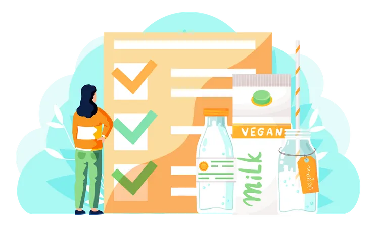 A Girl Stands And Examines Marked Checklist On Background Plastic Bottle With Label And Carton With Vegan Plant Based Milk Veganism And Vegetarianism Concept A Woman Adheres To Healthy Lifestyle Illustration