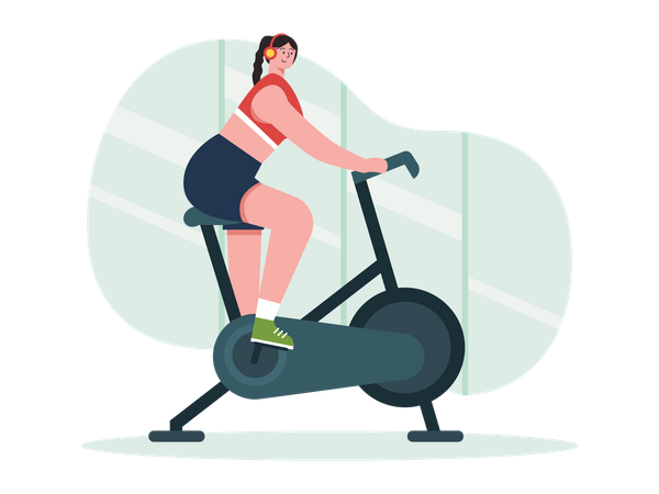 Girl exercising on gym cycle Illustration