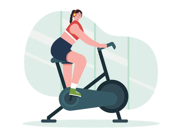 Girl exercising on gym cycle  Illustration