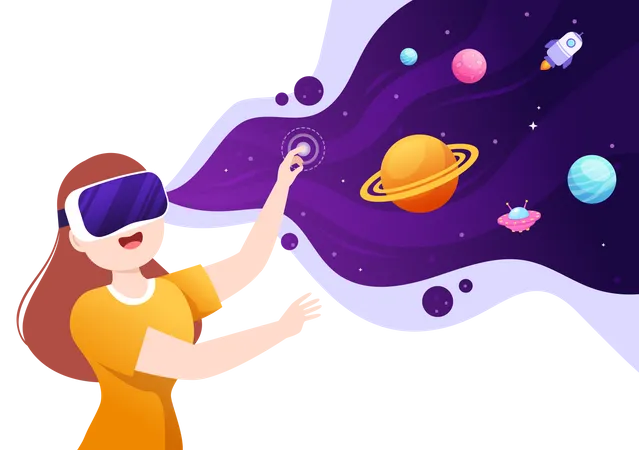 Girl experience metaverse through VR goggles Illustration