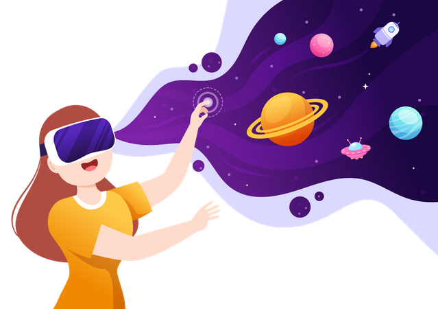 Girl experience metaverse through VR goggles  Illustration