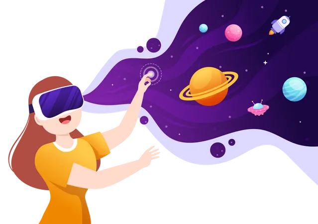 Girl experience metaverse through VR goggles  Illustration