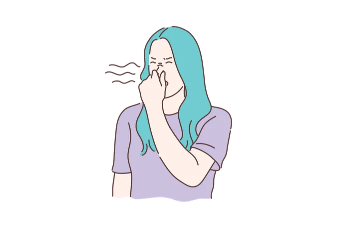 Stink Smell Disgust Concept Young Unhappy Dissatisfied Woman Covers Nose With Hands Showing Disgust Disappointed Unhappy Girl Feels Disgust Because Of Awful Smell And Stink Simple Flat Vector Illustration