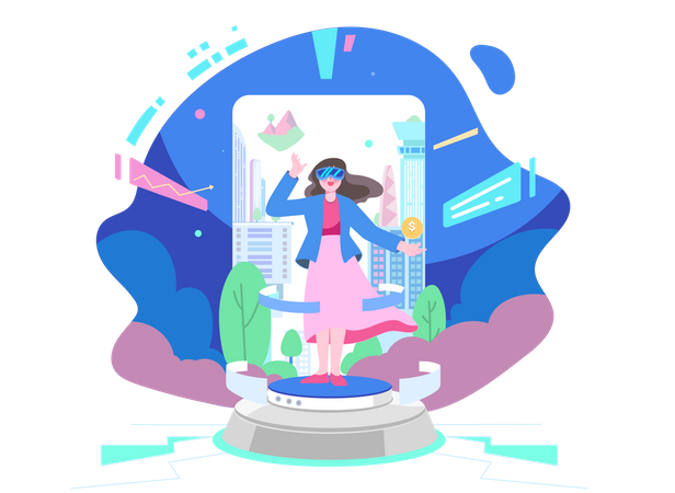 Girl experiencing modern metaverse world  Illustration