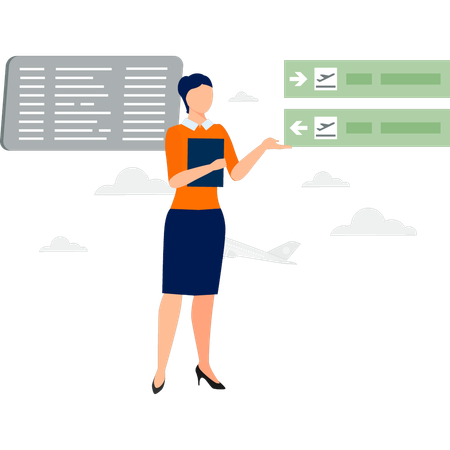 Girl explaining about flight timings and departure board  Illustration