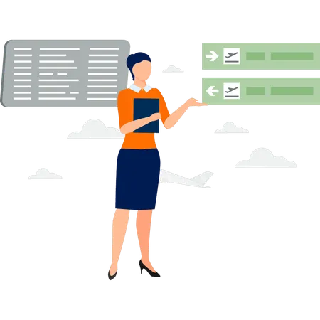 Girl explaining about flight timings and departure board  Illustration