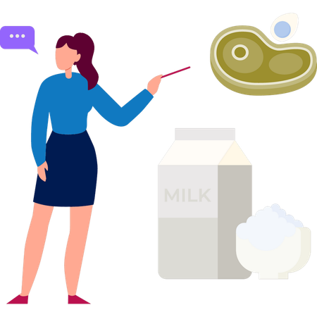 Girl explaining benefits of meat and milk  Illustration