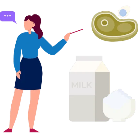 Girl explaining benefits of meat and milk  Illustration