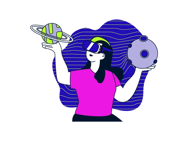 VR技術を使って惑星を探索する少女  イラスト