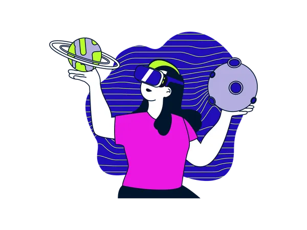 Girl exploring planets using VR technology  Illustration