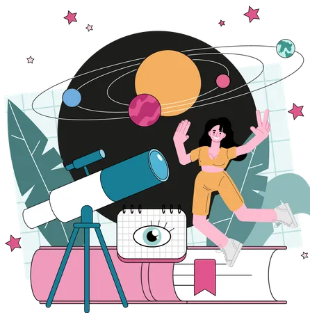 Girl exploring solar system  Illustration