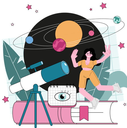 Girl exploring solar system  Illustration