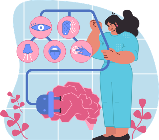 Girl exploring visual five senses connected to brain function  일러스트레이션