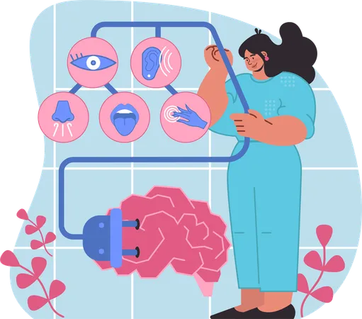 Girl exploring visual five senses connected to brain function  イラスト