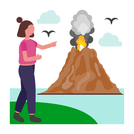 Girl exploring volcano  Illustration