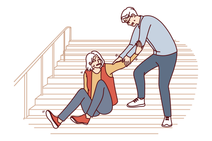 Girl falling down on staircase and man helping girl  Illustration