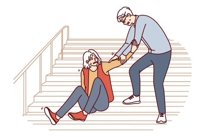 Girl falling down on staircase and man helping girl  Illustration