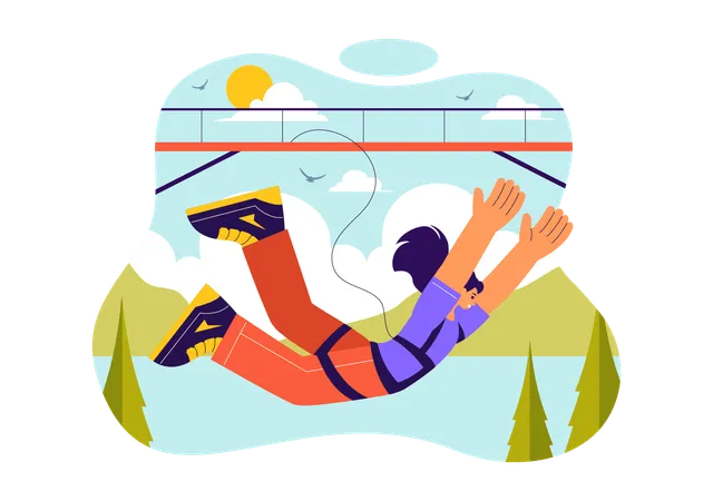 Girl Falling from Great Height with Elastic Rope in Extreme Sport  Illustration