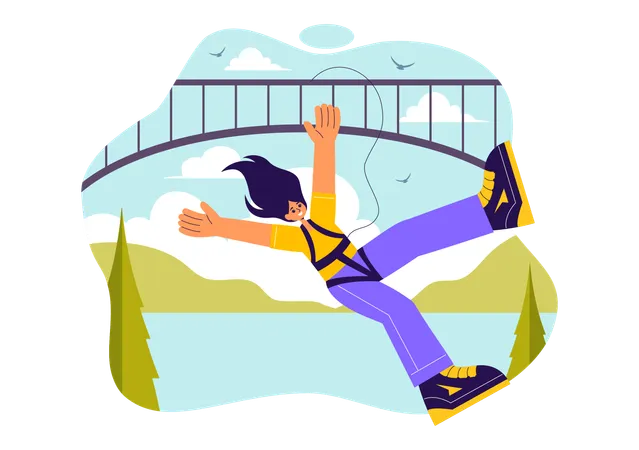 Girl falling from hight with elastic rope while enjoying bungee jump  Illustration