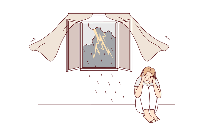 Girl fearing from lightning strike during rainfall  イラスト