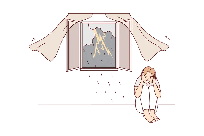Girl fearing from lightning strike during rainfall  イラスト