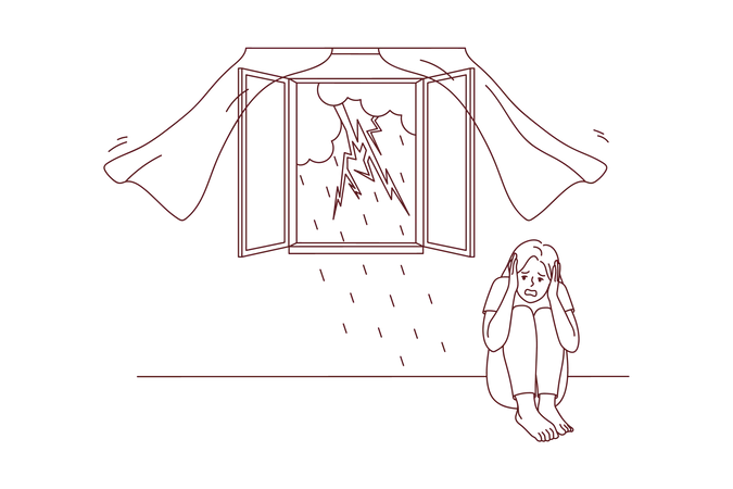 Girl fearing from lightning strike during rainfall  Illustration