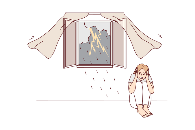 Girl fearing from lightning strike during rainfall  Illustration