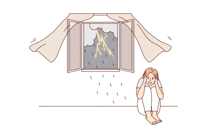 Girl fearing from lightning strike during rainfall  Illustration