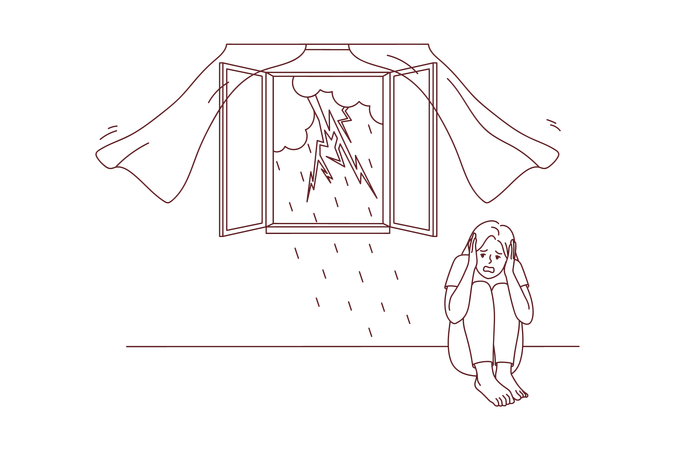 Girl fearing from lightning strike during rainfall  Illustration