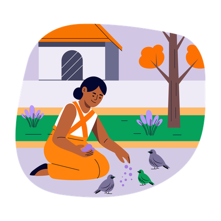 Girl Feeding birds  Illustration