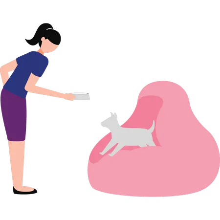 The Girl Is Feeding The Cat Illustration