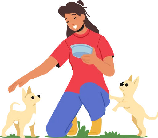 Girl feeding dog in animal shelter Illustration