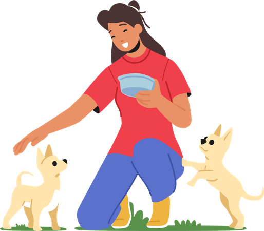 Girl feeding dog in animal shelter  Illustration