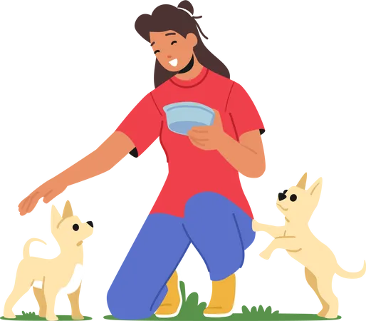 Girl feeding dog in animal shelter  Illustration