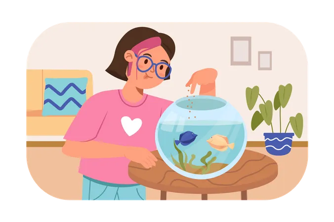 Girl feeding fish  Illustration