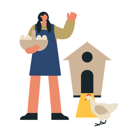 Girl feeding hen in farm  Illustration