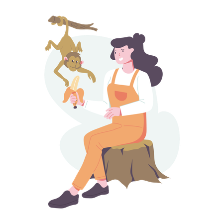 Girl Feeding Monkey  Illustration