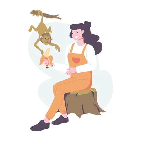 Girl Feeding Monkey  Illustration