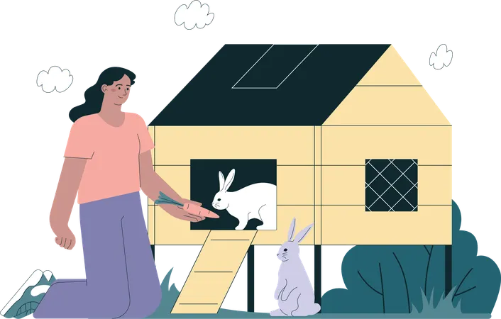 Girl feeding pet rabbit  Illustration