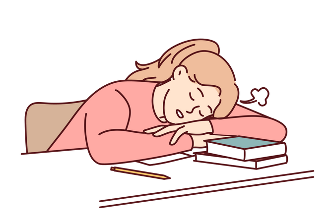 Girl feel asleep while learning  Illustration